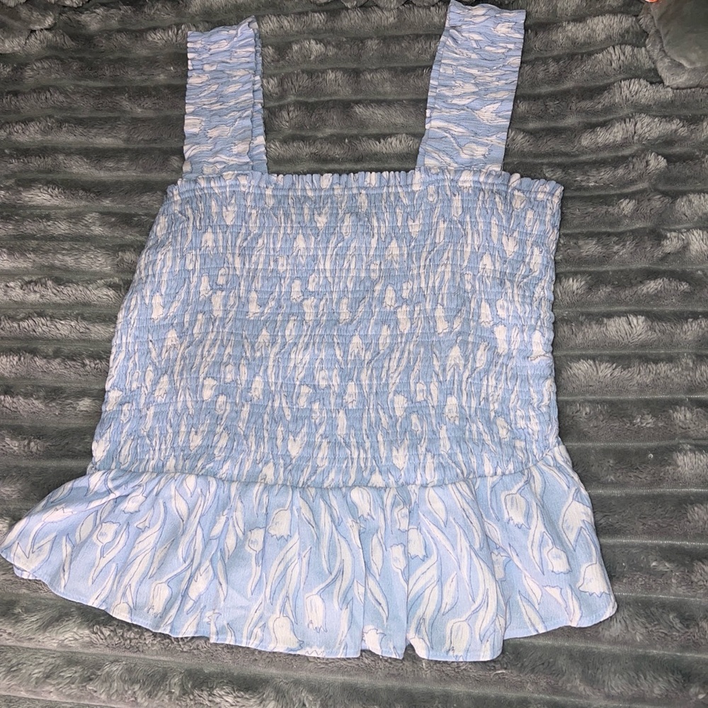 LC Lauren Conrad Light Blue and White Smocked Blouse